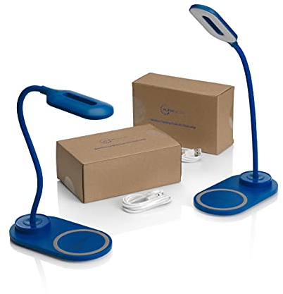 Auraglow LED Flexible Neck Desk Lamp with 3 Colour Modes and 10W Wireless Smart Phone Qi Fast Charger - Blue - 2 Pack