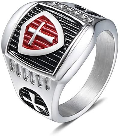 HCMA Vintage Titan Stahl Templer Kreuz Rot Rüstung Schild Kreuzritter Ring Amulett Freimaurer für Männer Schmuck Geschenk