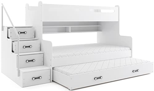 Interbeds Etagenbett Hochbett MAX 3 für DREI Kinder mit DREI Matratzen: 80x200cm /120x200cm / 80x190cm Kinderbett (weiß+weiß)