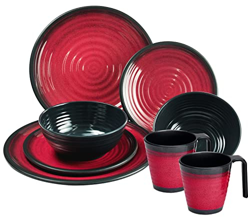 Melamin Camping Geschirr Set für 2 Personen - mit Tellern und Stapel-Tassen - 8 Teile - Blau-Schwarz - Campinggeschirr - Outdoor Tafelgeschirr Wohnwagen Wohnmobil Geschirrset