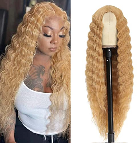 INSTASTYLE Honey Blonde Wig 30 Inch Synthetic Curly Deep Wave with Curly Front Lace Wig for Women Long Wigs for Women Natural Curly (Blonde