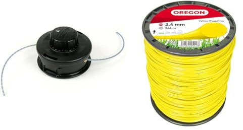 Oregon Universal-Fadenkopf + Gelber Mähfaden 2.4 mm x 264 m, Tap & Go Trimmerkopf, geeignet für die meisten Freischneider/Rasentrimmer mit geradem Schaft bis zu 33cc