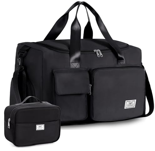 FIORETTO Womens Mens Sports Gym Bag Duffle Bag with Shoes Compartment, Weekend Travel Bag Overnight Bag for Women, Foldable Water Resistant Holdall Hospital for Swimming with Toiletry Bag Black