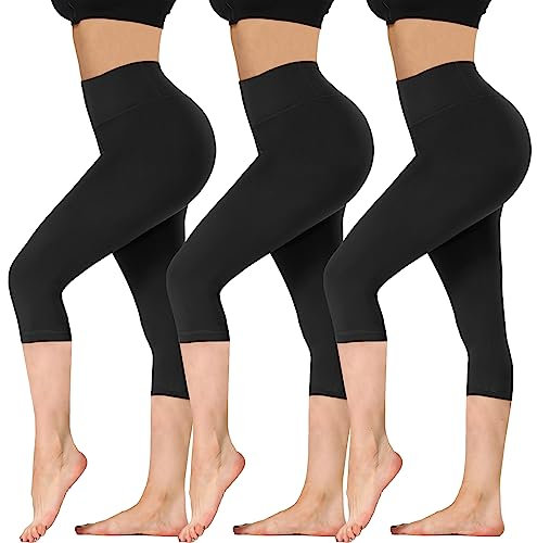 DDOBB Leggings Damen 3/4 High Waist Capri Sporthose Blickdicht Elastisch Kurze für Yogahose Fitness Zuhause Laufhose(I-Schwarz*3, (DE34-40)=S-M)