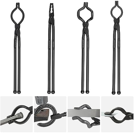 VEVOR Juego de Pinzas de Herrero de Acero al Carbono 4 PCS Pinzas de Forja 46 cm en Forma de V, Boca de Lobo, Forma de ZV, Alicates de Agarre Mango Largo Operación Segura Equipo Básico para Herrero