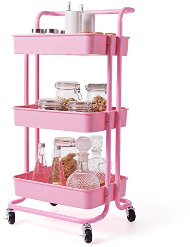 COSTWAY Chariot de Rangement avec 3 Paniers et Poignée, Chariot de Service en Métal Anti-Rouille, Desserte à Roulettes Charge Max. 60KG pour Cuisine, Bureau,Bibliothèque, Salon, 42 x 35 x 87 CM (Rose)
