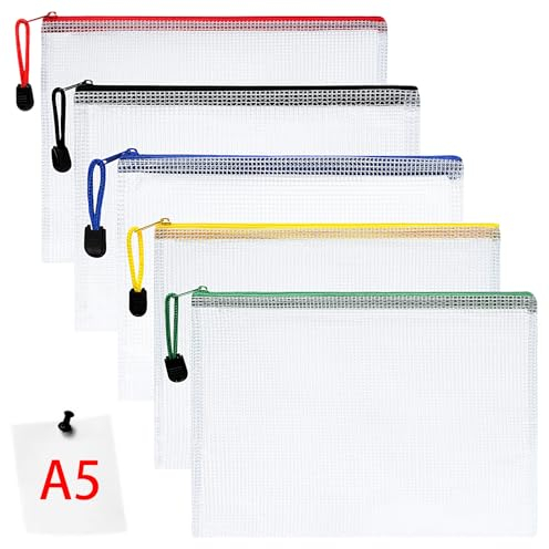 Vicloon Dokumententasche mit Reißverschluss A5, 5 pcs Mesh Plastic Zip Bag, Wasserdichte Document Case, Reißverschlusstasche Zip Beutel Tasche Wallet Taschen Kunststoff Mesh Dokumentenmappen