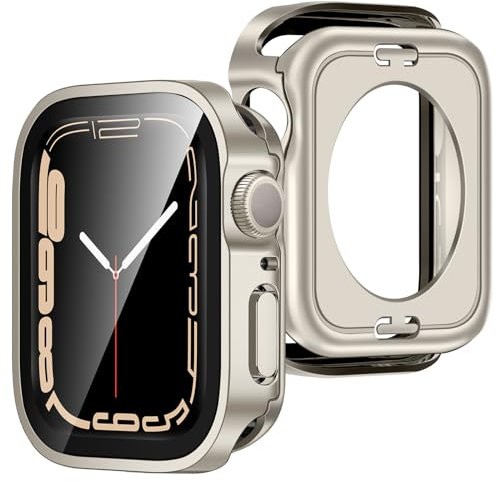 ZZDZZ [2 Piezas] 2 en 1 Funda Compatible con Apple Watch Series 9/8/7 41mm con Protector de Pantalla Cristal Templado, 360 Protección Completa PC Dura Carcasa para iWatch 41mm (Starlight)