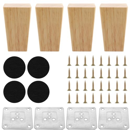 4 Pièces Pied Meubles Bois 8cm Pieds De Meuble Carrés Bois Pieds Meuble Bois Bois Massif Pied De Meuble Bois Pied De Meuble avec Plaques De Montage Et Patins en Feutre Pied Meubles pour Canapé