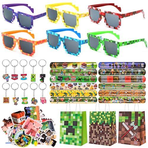 WuGU 81 Stück Gamer Mitgebsel Kindergeburtstag,12 Spiel Slap Armband,50 Spiel Aufkleber,10 Spiel Schlüsselanhänger,6 Pixel Brille,3 Geschenktüten Miner Kindergeburtstag Mitgebsel für Kinder Geschenke