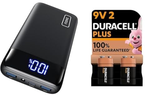 INIU Power Bank, 20000mAh Fast Charging Portable Charger, 22.5W Powerbank with USB C Input & Output & Duracell Plus 9V Batteries (Pack of 2) - Alkaline - 100% Life Guaranteed