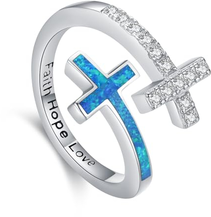 Glaube Hoffnung Liebe Ring 925 Sterling Silber Kreuz Einstellbare Ringe Blauer Opal Ring für Frauen Opal Schmuck Geschenke für Frauen Mädchen