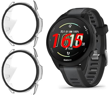 GIOPUEY [2 Pezzi Cover per Garmin Forerunner 165, Pellicola Protettiva Vetro + Cornice in Plastica Rigida, Garmin Forerunner 165 Custodia - Transparent+Transparent