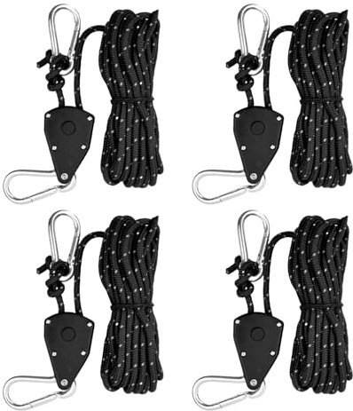 4 Piezas Cuerdas Reflectantes de Tienda, 4mm Trinquete de Cuerda con Gancho, 5M Cuerdas Tipo de Campaña con Tensor, Cuerda Paracord de Nailon con Ajustador de Aluminio para Acampar Toldo (Negro)