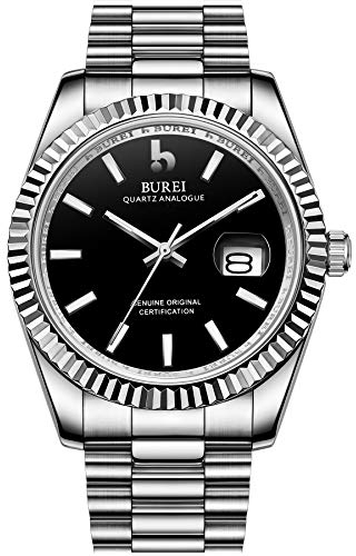 BUREI Herren-Armbanduhr, luxuriös, Edelstahl, analog, Business, Mode, wasserdicht, Geschenke für Herren, schwarz / silber, Business-Stil