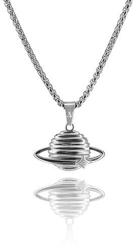 JVillion Planeten-Anhänger Saturn Halskette Silber Herren, Box Kette, Streetwear Modeschmuck, Universum, Galaxie, Edelstahl, 50-60cm, Wasserfest & Nicht-Abfärbend (55)