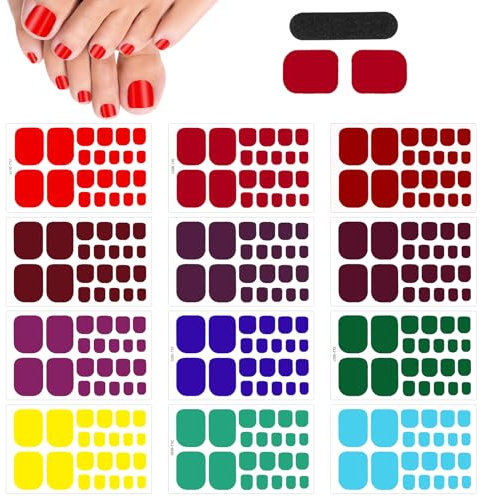 JSRQT 12 Sheets Full Toe Nail Stickers Solid Colors Toe Nail Polish Stickers Red Purple Brown Gel Nail Stickers with Nail File Full Toe Nail Wraps DIY Nail Decor Art Toenails Stickers for Women Girls