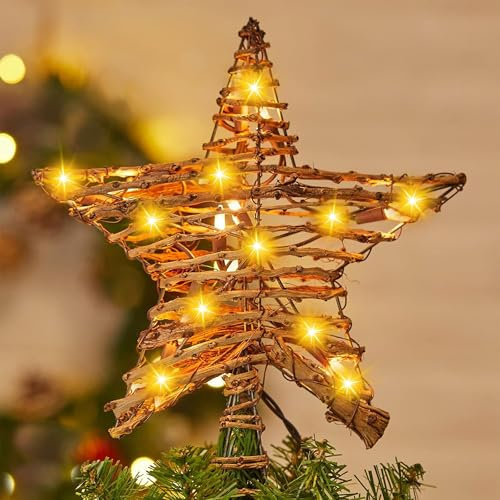Stella Puntale Albero di Natale Luminoso con 20 Luci LED per Interno Ufficio, Decorazioni Capodanno (Rattan)
