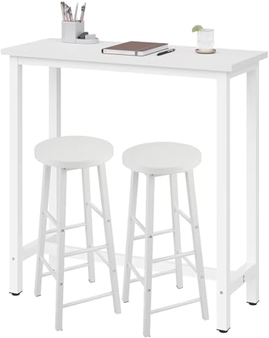 WOLTU Bartisch Set mit 2 Barhockern, 3-teilige Essgruppe mit Küchenstühlen, Esstisch & 2 Hockern aus Metall & Holz für Küchen Wohnzimmer, Weiß