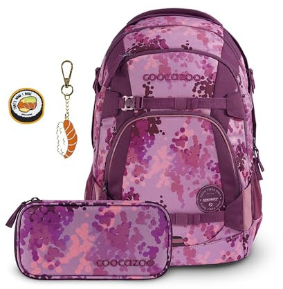 coocazoo Schulrucksack-Set Mate „Cherry Blossom & Sushi Love“ 3-teilig, lila-rosa, ergonomischer 30L Tornister, höhenverstellbar, für Kinder ab der 5. Klasse, inkl. Federmäppchen & Colour UP-Set