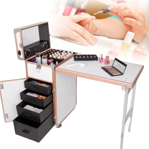 Mesa de Manicura con Ruedas, Escritorio de Viaje Plegable para Manicura con Almacenamiento, Estuche para Manicura con Mesa de Trabajo y Espejo, para CosméTicos con Reproductor Bluetooth,Platinum