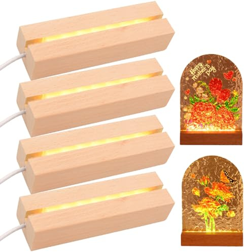 GOMETY 4 Stück Holz LED Lichtsockel, USB Led Leuchtsockel für Acrylglas Warme Farbe Led Holzsockel Ständer LED Leuchten Display Basis für Kristallg Lensball Glas Acryl Schmuck Harz (Rechteckiger)