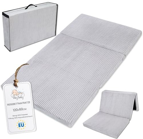 Klappmatratze Faltbare Reisebett Baby Matratze 60x120 cm - Faltmatratze für Kinder Gästematratze klappbar Babymatratze Bodenmatratze Schlafmatratze und Reisematratze Hellgrau