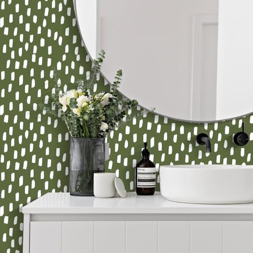 HAOKHOME Peel and Stick Wallpaper Sage Green Dots Wallpaper for Bedroom | Self Adhesive Boho Modern Spots Wall Paper Removable for Bathroom Green/White Contact Paper 3m x 44cm