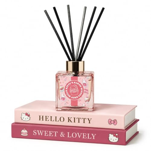 Hello Kitty Bakery Strawberry Cupcake Scented Reed Diffuser with Decorative Glass Bottle – Sweet Dessert Aroma, 6 Reeds, Long-Lasting Fragrance