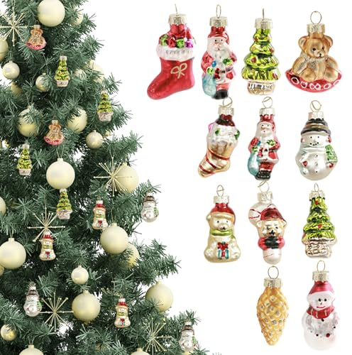 12Pcs Christmas Tree Decorations Ornaments Colourful Mini Glass Baubles with Rope Hanging Vintage Christmas Ornaments for Xmas Tree Party Decor