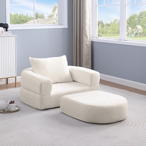 HAUSPROFI Schlafsessel aus Cord, 147x110x67cm Sofa Sessel mit Hocker, Seitentaschen und Kissen, Boneless Sofa für Wohnzimmer, Schlafzimmer Keine Montage Erforderlich (Beige, 168x116Xx70cm)