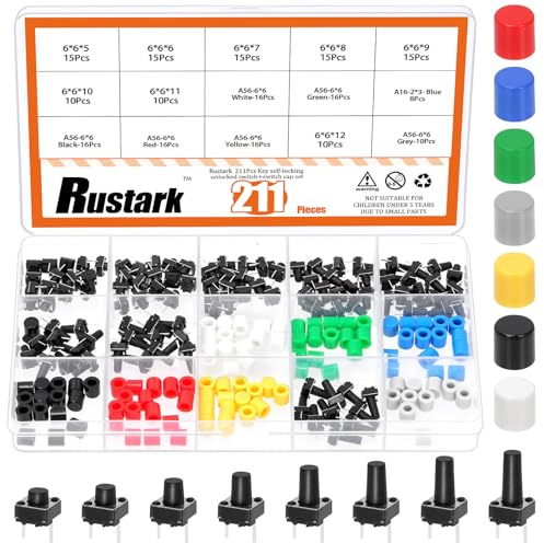 Rustark 211 Stück 8 Größen 2 poliger taktiler Drucktastenschalter mit bunten Tastenkappen Mikro momentane Taster taktile Drucktaster Tactile Push Button für Leiterplatten elektronische Schaltkreise