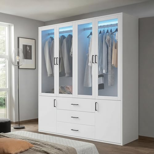 HFASD Armario Blanco Con LED, Armario De 160 Cm De Ancho Con Puertas Giratorias 4 Puertas De Vidrio, 2 Puertas, 3 Cajones, Barra Para Ropa, Armario Moderno Para Dormitorio