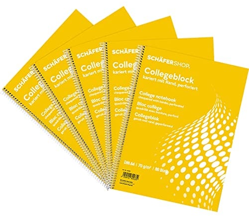 SCHÄFER SHOP Select Collegeblöcke, DIN A4, 80 Blatt, 5 Stück, weiß