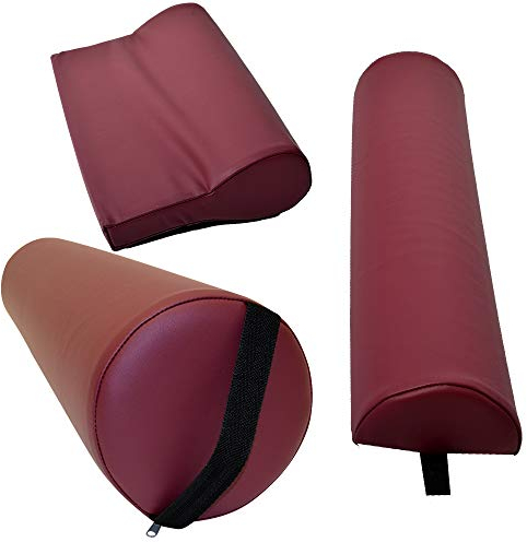 Promafit Massagezubehör Set 3 bestehend aus 1x Vollrolle Knierolle mit Griff 1x Lagerungsrolle Halbrolle und 1x Nackenkissen Kopfstütze für die Massageliege wasserabweisend (Burgund)
