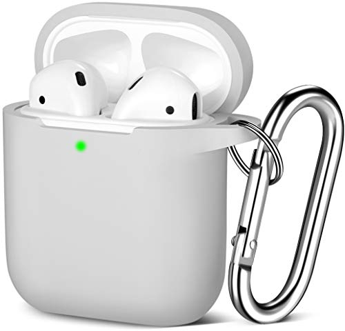 Maledan Kompatibel mit AirPods Hülle AirPods Case Apple Airpods 2 & 1, Voller Schutz Silikon Schutzhülle (Front LED Sichtbar) mit karabiner, Hellgrau