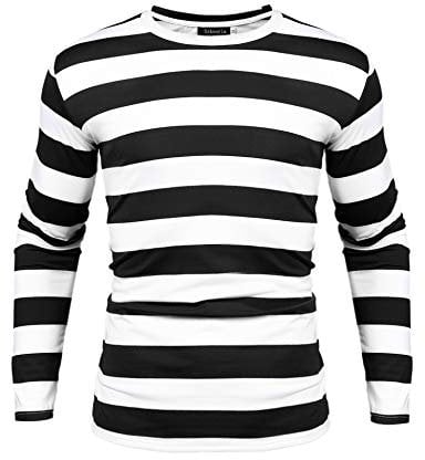 Sykooria Mens Black and White Striped T Shirt Long Sleeve Round Collar Slim Fit Casual Long Sleeve Pinstripe Tops