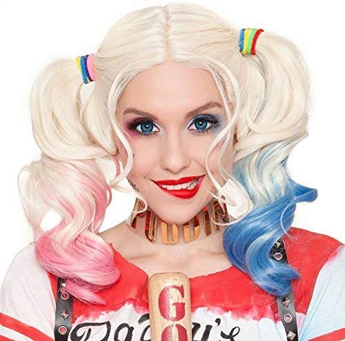 Perücke für Harley Quinn Mädchen Kinder Selbstmord Squad Rosa und Blau Mit Zwei Pferdeschwänzen für Frauen Damen Mädchen Kostümparty Karneval Cosplay Perücken 061A