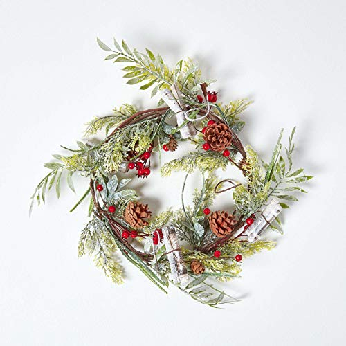 HOMESCAPES künstlicher Adventskranz, festlicher Dekokranz mit roten Beeren, Kieferzapfen und grünen Blättern aus Kunststoff, 45 cm
