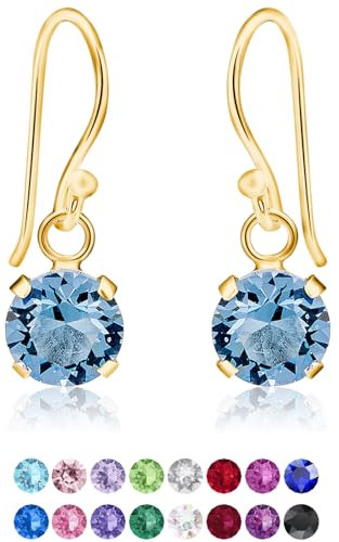 DTPsilver® Pendientes Pequeños de Colores - Pendientes Plata de Ley 925 Chapados Oro con Cristal Swarovski® 6 mm - Pendientes Colgantes Oro - Pendientes Azul Aguamarina