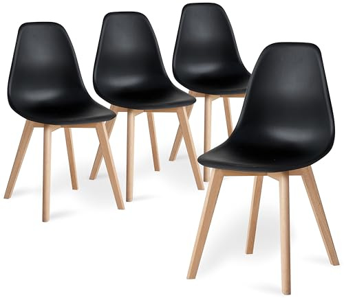 BenyLed Set di 4 Sedie da Pranzo Moderna Sedia Laterale con Sedile in PP e Gambe in Legno di Faggio ideale per Sala da Pranzo, Cucina, Soggiorno, Camera da Letto (Nero)