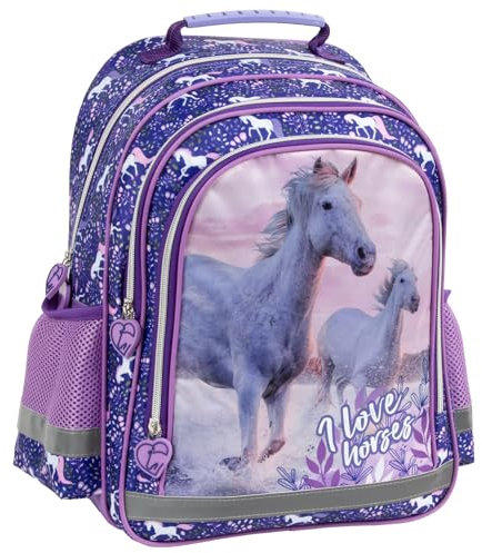 Pferde Fan Rucksack Kinderrucksack für Jungen und Mädchen mit zwei großen Fächern, Fronttasche und seitlichen Getränkenetzen, 38 x 28 x 18 cm, lila/violett