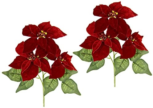 Künstliche Poinsettia Blume aus Samt mit 3 Blüten Kunstblume Weihnachtsstern Weihnachtliche Einzelblume Zweig Weihnachtsdeko Weihnachtsblume X'Mas Strauß Geschenk Deko Adventsstern Christstern