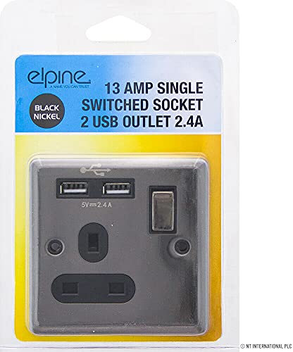 Black Nickel Single Switch Socket - 13amp With 2 Usb Ports, 1 Gang Power | Electric, Wall, Suitable For Home, Office & Workshop Use | Plastic, 3 Pin Uk Plug