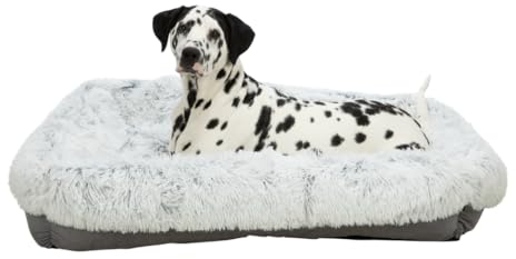 TRIXIE Hundebett Harvey 100 × 75 cm in grau/weiß-schwarz - wuschliges Hundekissen mit Langhaar-Plüsch - Hundekorb für mittelgroße Hunde - rutschfest und waschbar - 38024
