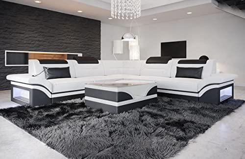 Sofa Brianza in der L-Form als Ecksofa mit LED-Beleuchtung Kopfstützen optionale Bettfunktion Ledersofa als Schlafsofa möglich (mit Bettfunktion (ausziehbar), Weiß-Schwarz)