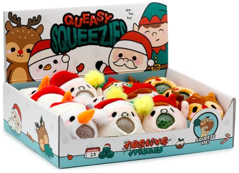 Puckator Queasy Squeezies Festive Friends Christmas Plush Squeezy Toy - Small Funny Exam Gifts Stress Relief Balls Squishies - Mini Sensory Ball Toys For Adults Women Kids - Slime Party Bag Fillers