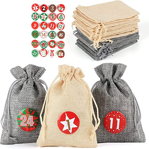Homewit 24 Filzbeuteln Adventskalender zum selbst Befüllen, Mit 24 Stück Buttons von Zahl 1-24, Jutesäckchen Weihnachtskalender Weihnachten Geschenktüten DIY Stoffbeutel Khaki + Grau