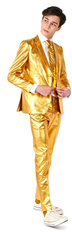 OppoSuits Groovy Gold Glänzender Anzug für Teenager-Jungen - Abschlussball- und Hochzeitsfeier-Outfit - einschließlich Blazer, Hose und Krawatte - Gold - Größe 16 Jahre