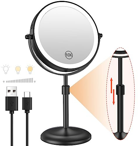 Benbilry Lighted Makeup Mirror with 10X Magnification & 3 Color Lights, Adjustable Brightness & Height, 7 Inch 360° Swivel Rechargeable LED Vanity Mirror, for Women Girls (Black)
